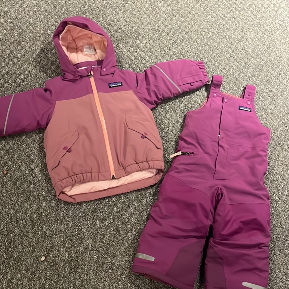 Patagonia Kids Two-Piece Puffer Jacket & Bib Snow Suit in Pink and Purple